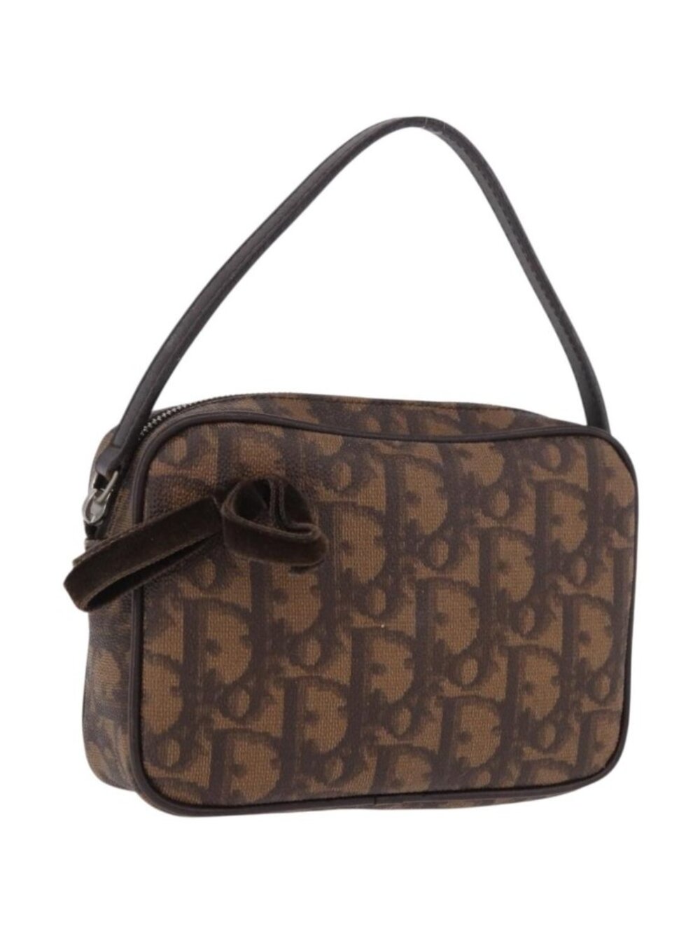 Christian Dior Trotter Canvas Hand Pouch PVC Brown Silver